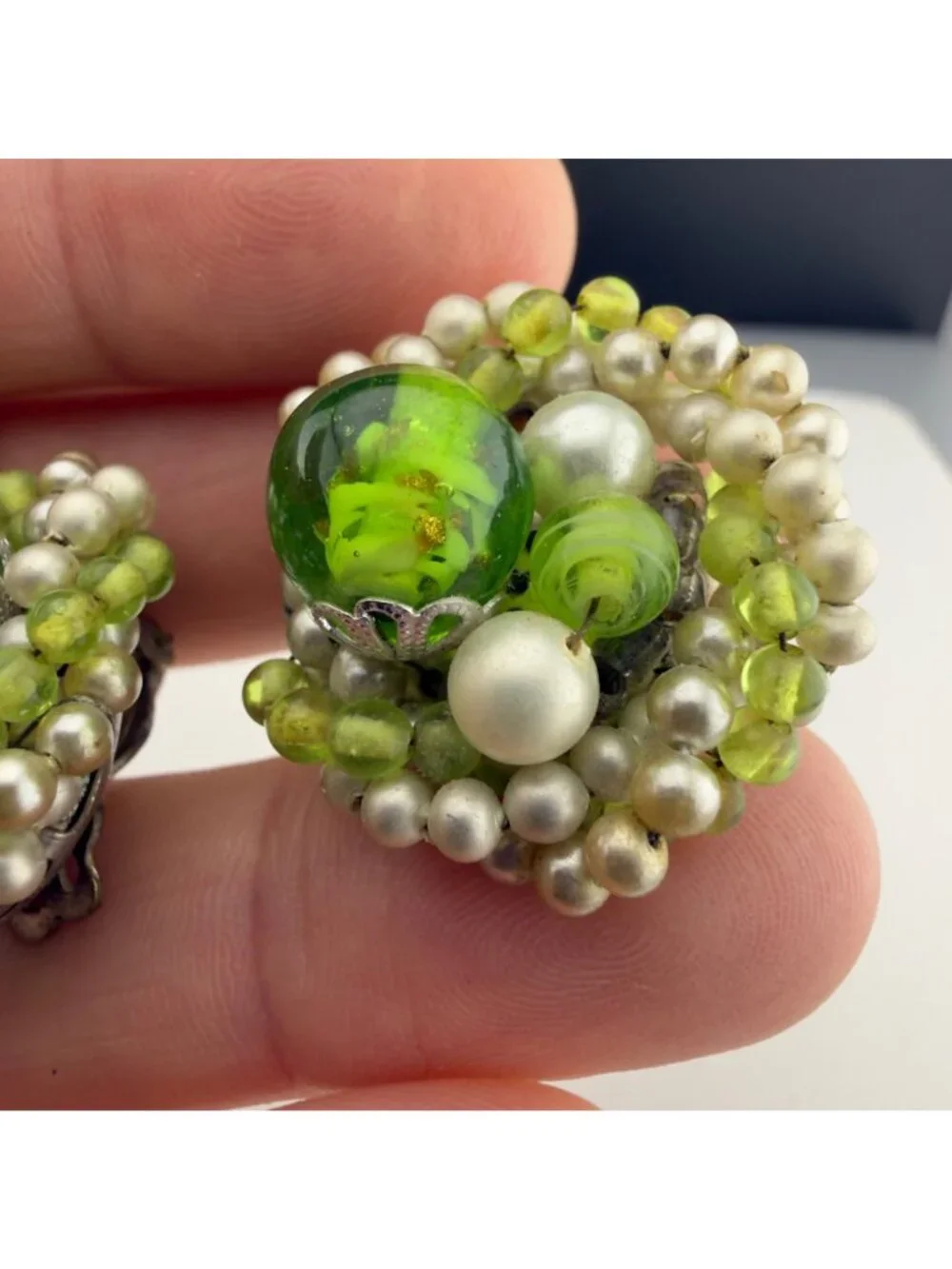 Vintage Clip-On Earrings Set Faux Pearls Green Art Glass Flower Cluster MCM
